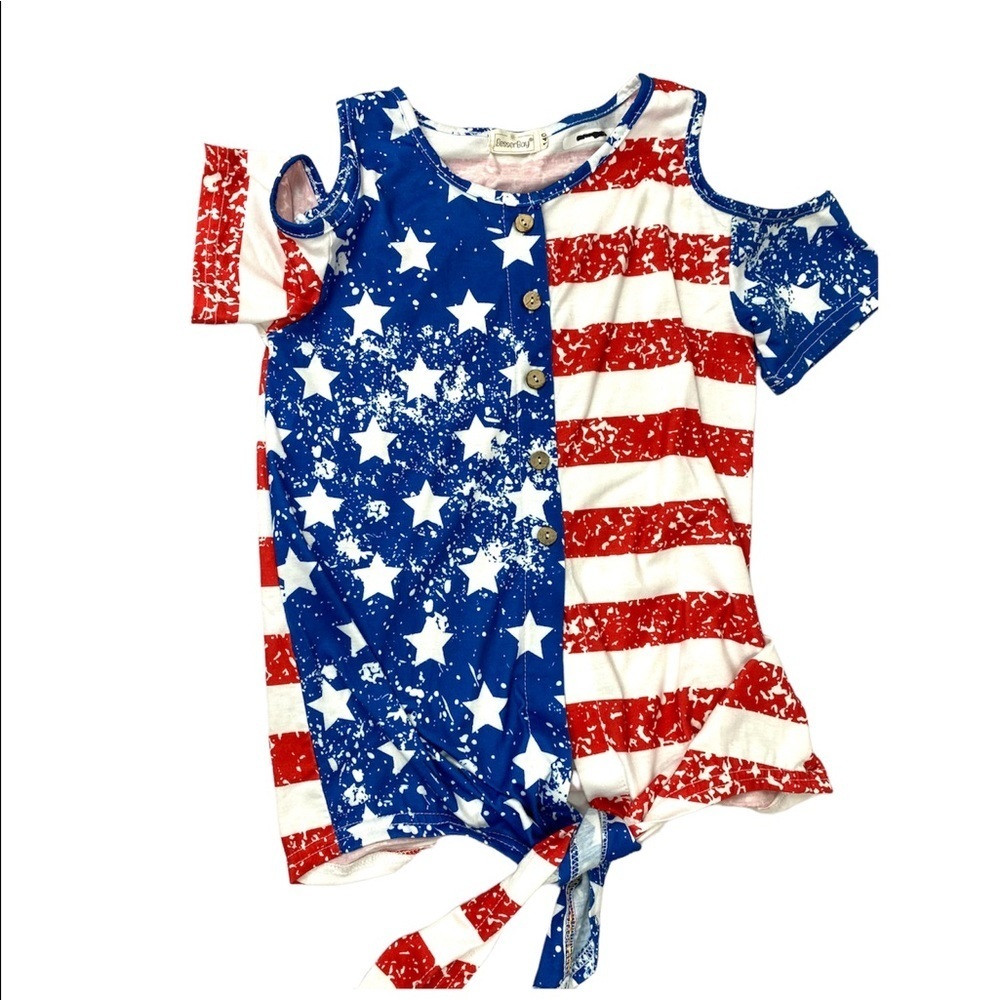 BESSERBAY Girl Patriotic Star American Flag Cold Shoulder Button T…